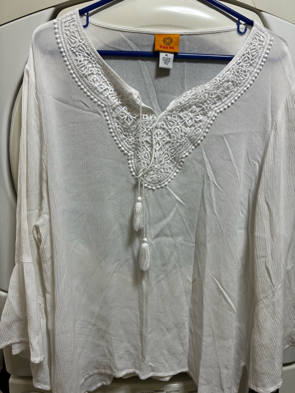 Ruby Rd. White Embroidered V-Neck Tassel Tunic